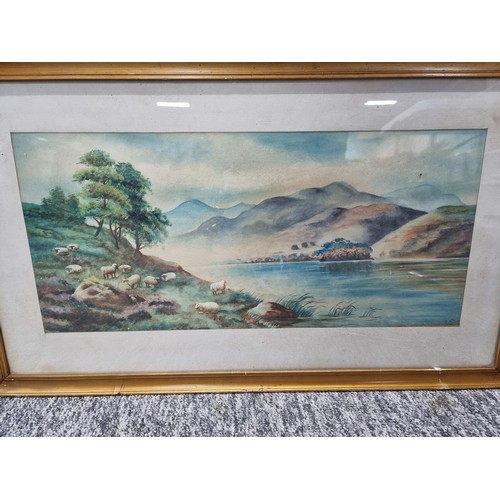 2 - 2x vintage framed and glazed watercolours of lake scenes, one with sheep by the lake and one with ca... 