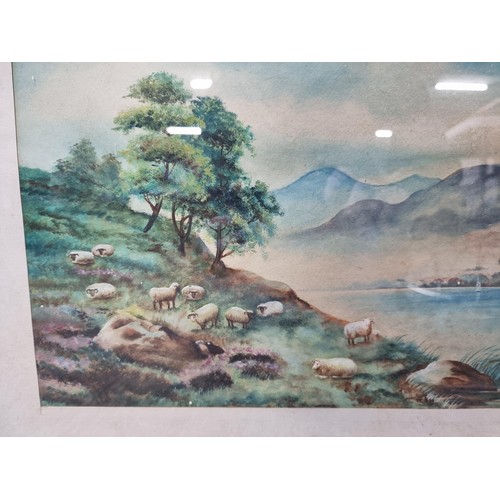 2 - 2x vintage framed and glazed watercolours of lake scenes, one with sheep by the lake and one with ca... 