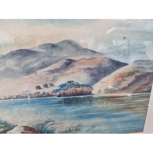 2 - 2x vintage framed and glazed watercolours of lake scenes, one with sheep by the lake and one with ca... 