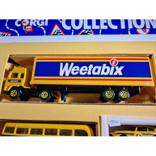 55 - 2x diecast model vehicle sets to include a Corgi Weetabix set 1989, inc articulated lorry, Aston Mar... 