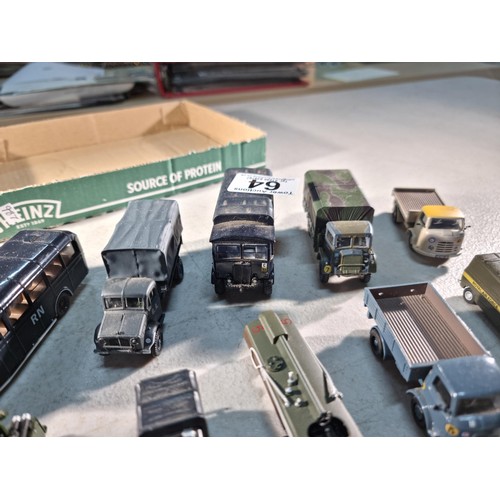 64 - Quantity of small military diecast vehicles by Oxford, inc 2x busses, 7x lorries, cars etc all in go... 