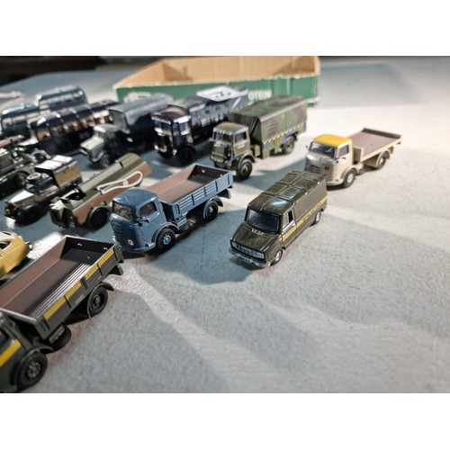 64 - Quantity of small military diecast vehicles by Oxford, inc 2x busses, 7x lorries, cars etc all in go... 