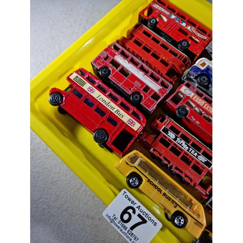 67 - Small tray containing a quantity of 14x Trams and buses, some with advertising inc Ty-Phoo Tea, News... 