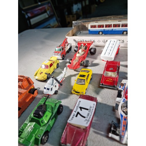 71 - Large collection of diecast vehicles inc 3x cased buses, military vehicles, Spiderman helicopter, Ch... 