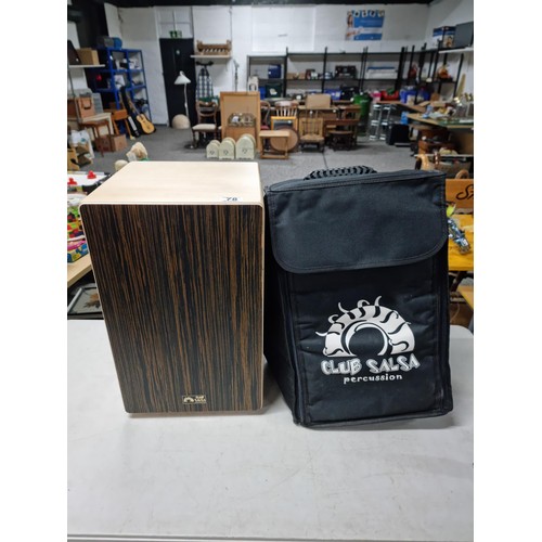 78 - Club Salsa Cajon drum in good order with walnut front stamped to the front complete with carry bag m... 