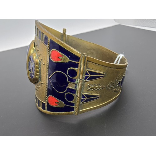 260 - A good quality rare vintage Egyptian revival brass and enamel hinged cuff bangle featuring a stunnin... 