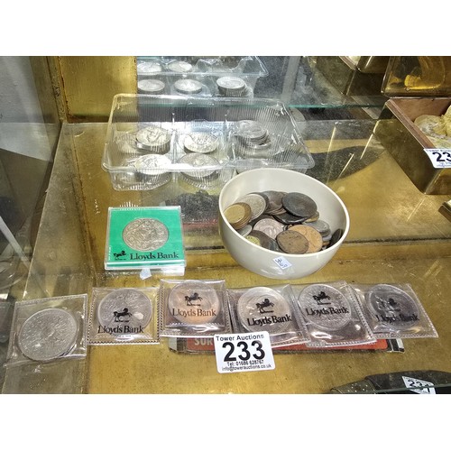 233 - A large collection of crowns and 5 shilling coins along with a bowl full of various vintage and anti... 