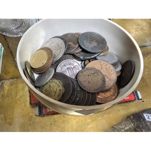 233 - A large collection of crowns and 5 shilling coins along with a bowl full of various vintage and anti... 