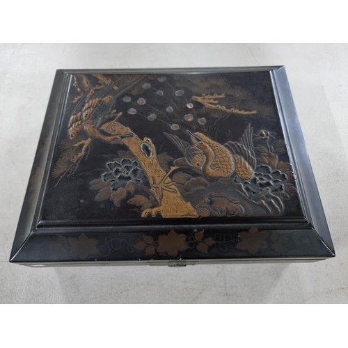 38A - A good quality circa 1900 Japanese lacquer trinket jewellery box with peacock design top with MOP de... 