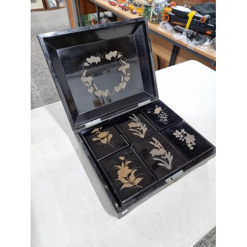 38A - A good quality circa 1900 Japanese lacquer trinket jewellery box with peacock design top with MOP de... 