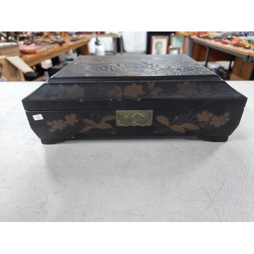 38A - A good quality circa 1900 Japanese lacquer trinket jewellery box with peacock design top with MOP de... 