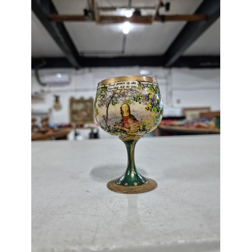 38F - Good quality metal hand painted Gaelic stemmed religious goblet with a transfer print depicting The ... 