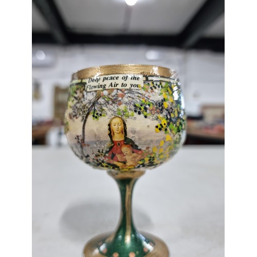 38F - Good quality metal hand painted Gaelic stemmed religious goblet with a transfer print depicting The ... 