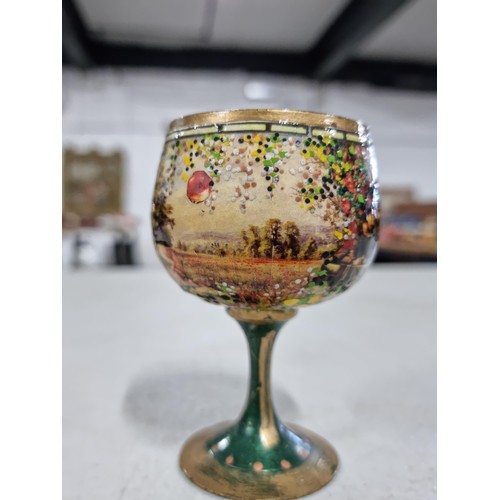 38F - Good quality metal hand painted Gaelic stemmed religious goblet with a transfer print depicting The ... 