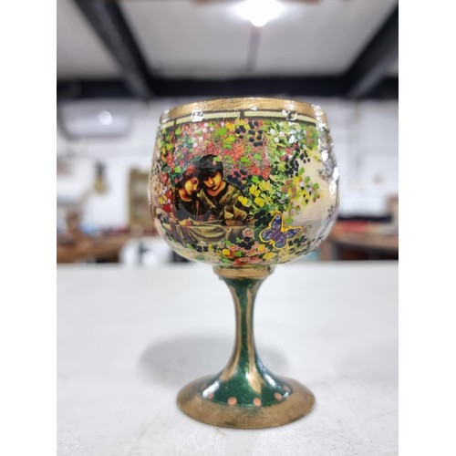 38F - Good quality metal hand painted Gaelic stemmed religious goblet with a transfer print depicting The ... 