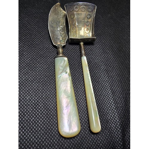 245 - A fine pair of George III Hallmarked silver caddy spoon and knife with mother of pearl handles, the ... 