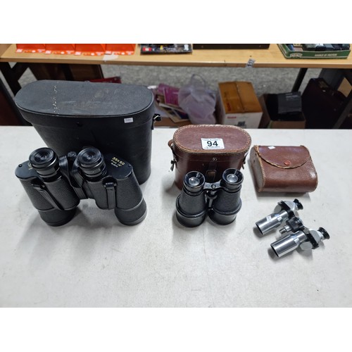 94 - 3x pairs of cased binoculars inc a pair of Mark Scheffel 35x50 field binoculars, a pair of unmarked ... 