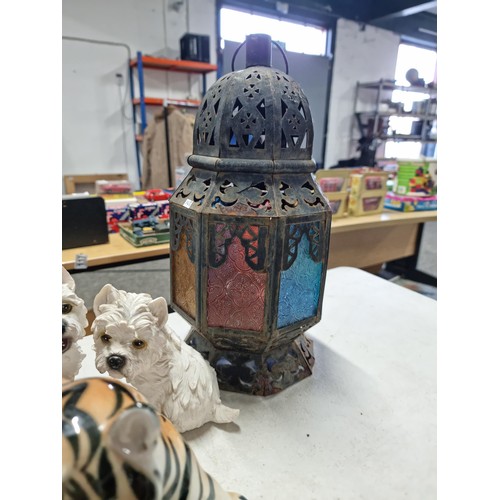 98 - Box containing a quantity of collectables inc a metal Moroccan coloured glass panelled lantern, a co... 