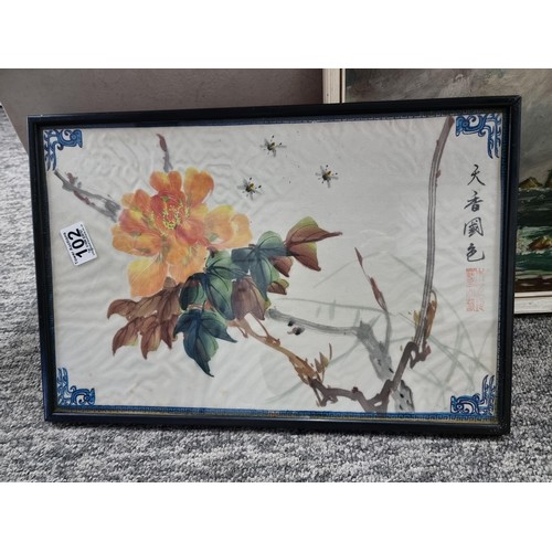 102 - Collection of art work to include two oriental silks, one depicting a golden pheasant. Framed oil on... 