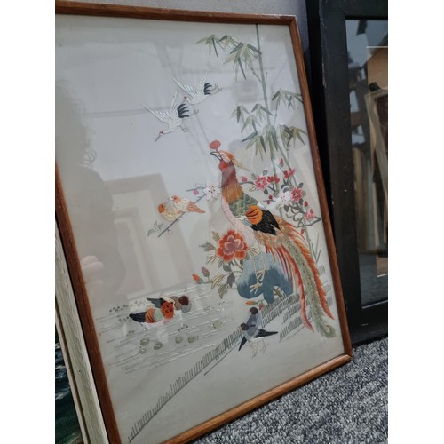 102 - Collection of art work to include two oriental silks, one depicting a golden pheasant. Framed oil on... 