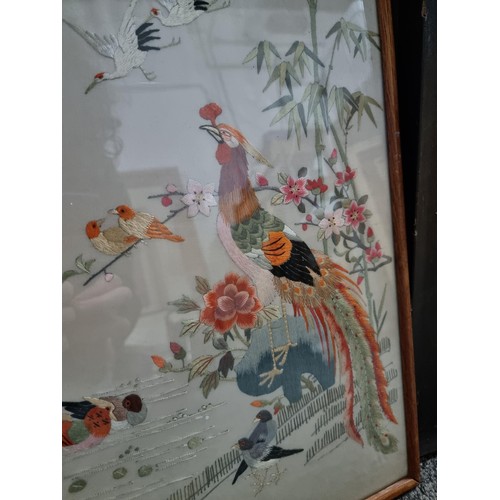 102 - Collection of art work to include two oriental silks, one depicting a golden pheasant. Framed oil on... 