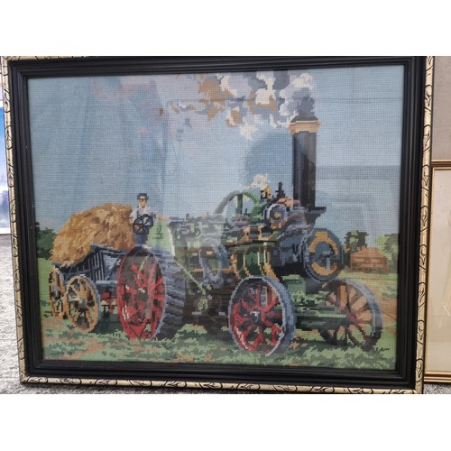 103 - Collection 3x framed glazed art works. Including a large embroidery of a stream engine, framed and g... 