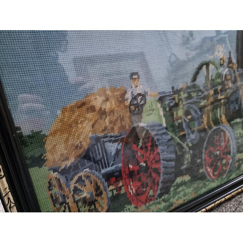 103 - Collection 3x framed glazed art works. Including a large embroidery of a stream engine, framed and g... 