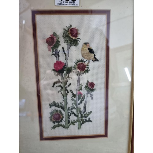 103 - Collection 3x framed glazed art works. Including a large embroidery of a stream engine, framed and g... 