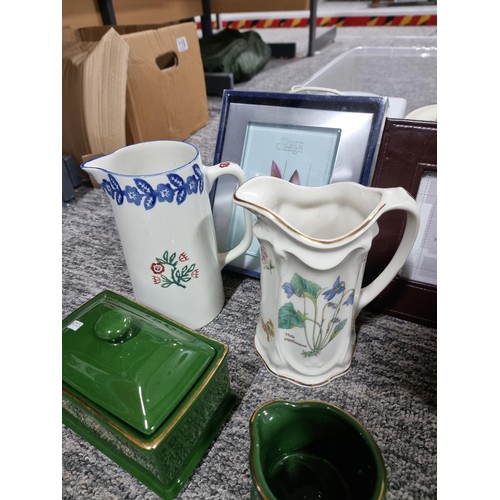 108 - Two boxed of collectables including a Hornsea lidded casserole dish, Laura Ashley jug with floral de... 