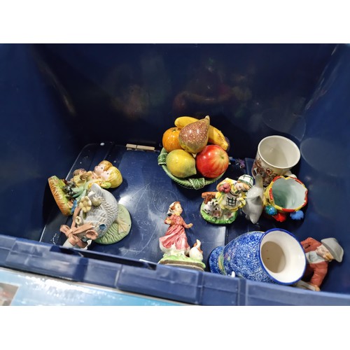 114 - 3x boxed containing a large qty of collectables, including a large resin double parrot figurine, qty... 