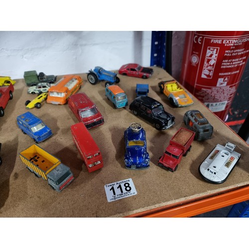 118 - Large quanity of play worn vehicles including Batman, ESSO oil tanker, London Taxi, hauliers lorry, ... 