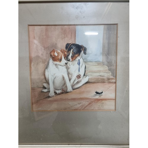 122 - Quantity of 7x framed artwork including 3x framed and glazed watercolours depicting birds and dogs, ... 