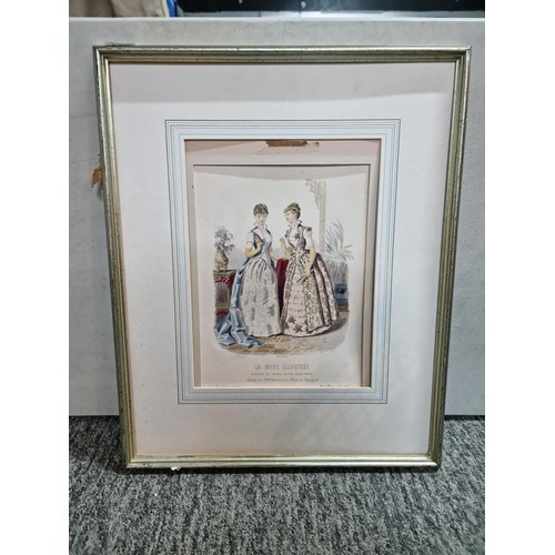 134 - Framed print of a pair of french ladies titled Le Mode Illustree, print is in good order fame is mis... 