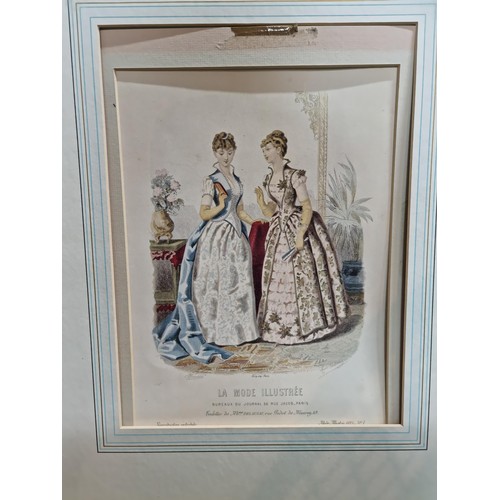 134 - Framed print of a pair of french ladies titled Le Mode Illustree, print is in good order fame is mis... 