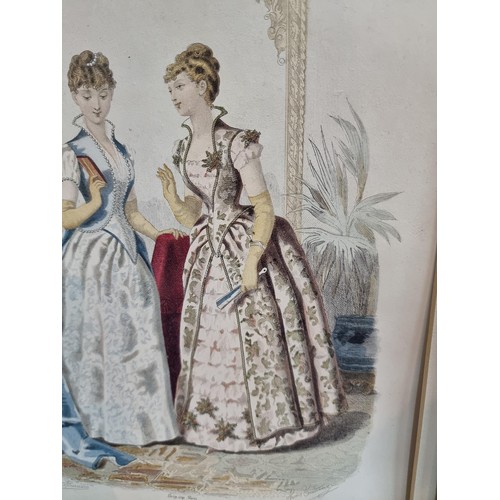 134 - Framed print of a pair of french ladies titled Le Mode Illustree, print is in good order fame is mis... 