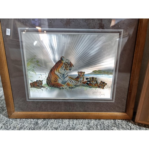 137 - Pair of framed and glazed foil pictures of lions and tigers by Josephine Marsh along with a framed a... 