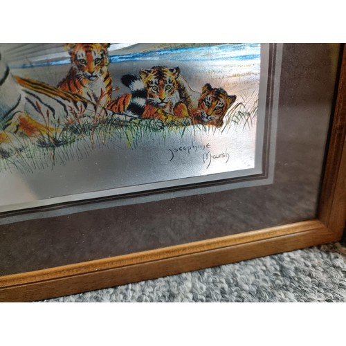 137 - Pair of framed and glazed foil pictures of lions and tigers by Josephine Marsh along with a framed a... 