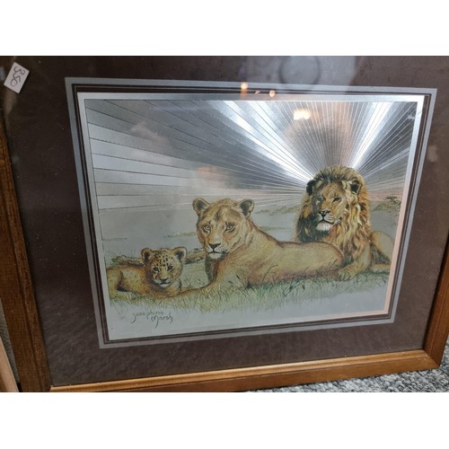 137 - Pair of framed and glazed foil pictures of lions and tigers by Josephine Marsh along with a framed a... 