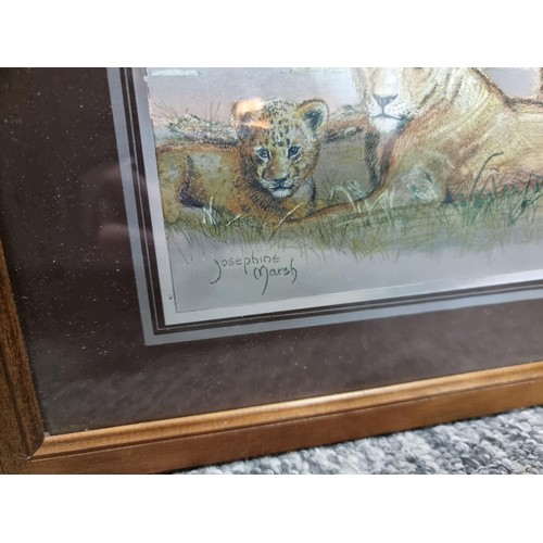 137 - Pair of framed and glazed foil pictures of lions and tigers by Josephine Marsh along with a framed a... 