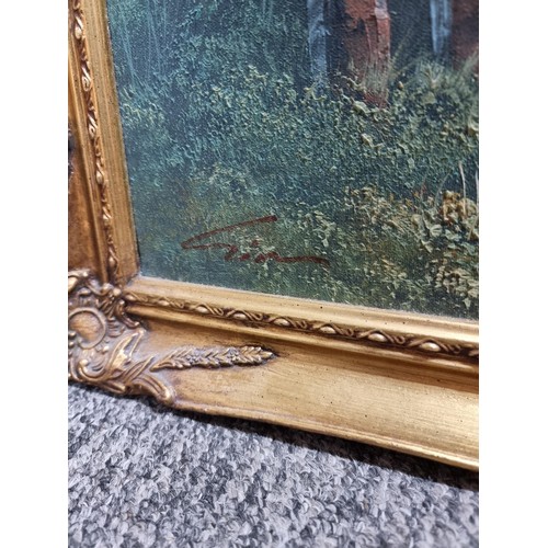 138 - Ornate gilt framed oil on canvas painting of a wooded lake scene inc good order signed lower left Gi... 