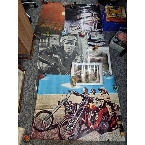 143 - Large collection of posters covering various subjects inc Easy Rider, James Dean, Greece scenes, Moo... 