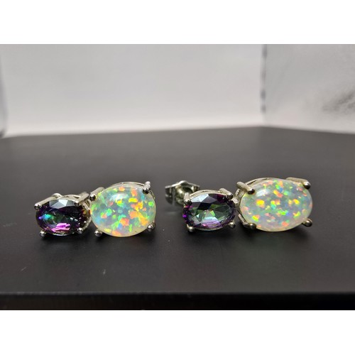 174 - Stunning pretty pair 925 silver stud drop earrings, inset with stunning oval opal cabochon stones, a... 