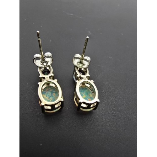 174 - Stunning pretty pair 925 silver stud drop earrings, inset with stunning oval opal cabochon stones, a... 