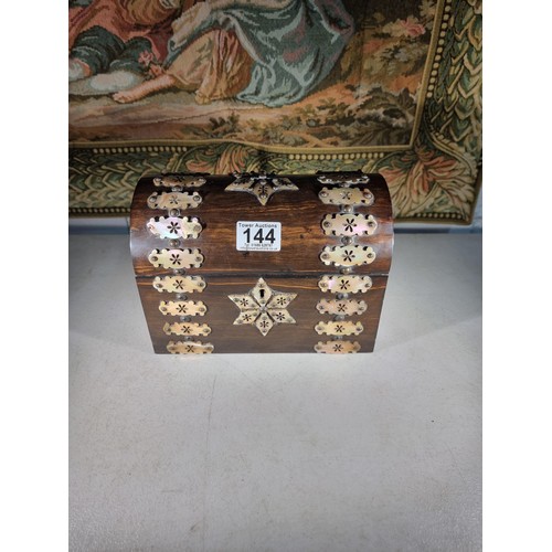 144 - Good quality wooden domed stationary box with MOP decoration to the front and top with a star on the... 