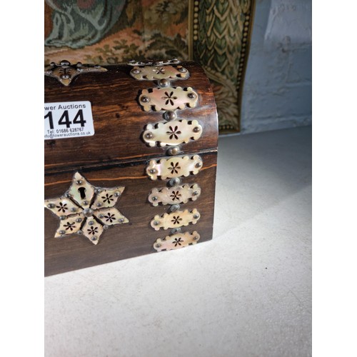 144 - Good quality wooden domed stationary box with MOP decoration to the front and top with a star on the... 