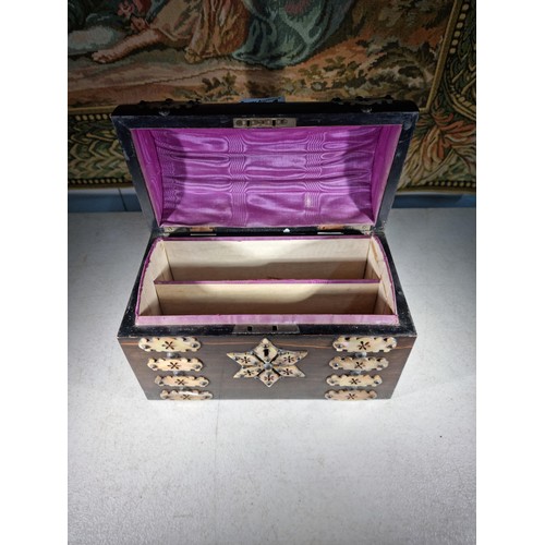 144 - Good quality wooden domed stationary box with MOP decoration to the front and top with a star on the... 