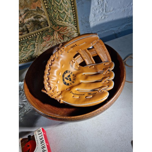 149 - Shelf full of collectables inc a handmade wooden bowl by Ken Warden, a quantity of collectable ceram... 