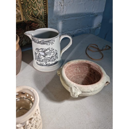 152 - Shelf full of collectable inc a quantity of Torquay ware inc candlesticks, jug and bowl along with h... 