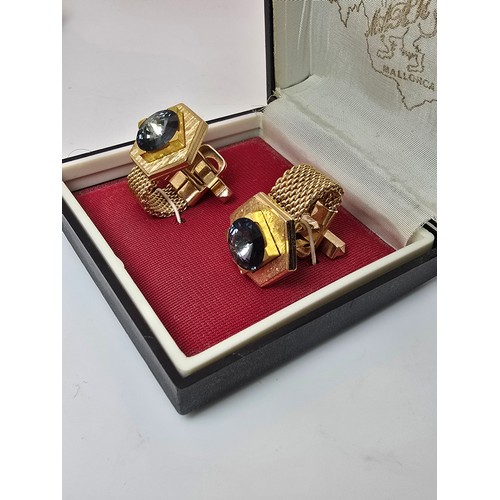 202 - 2 cased attractive pairs of gents cufflinks from Mallorca featuring a silver tone pear inset with bl... 