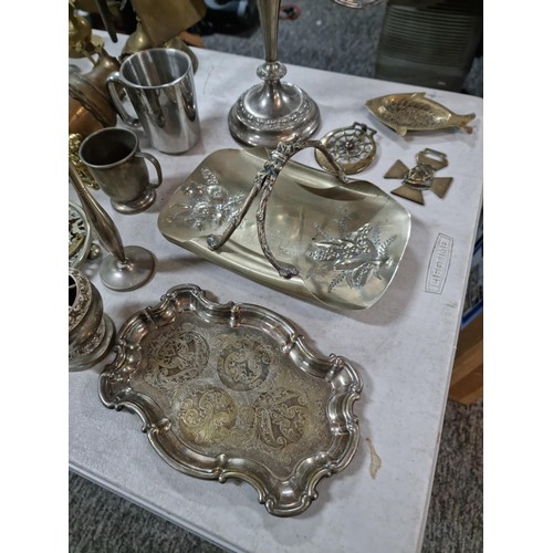 306 - Box containing large quantity of brass ware and silver plated items to include a 3 tier candelabra, ... 